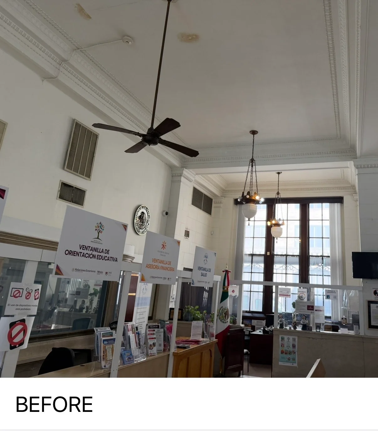 Bright commercial office interior with freshly painted white ceiling, crown molding, and black ceiling fan