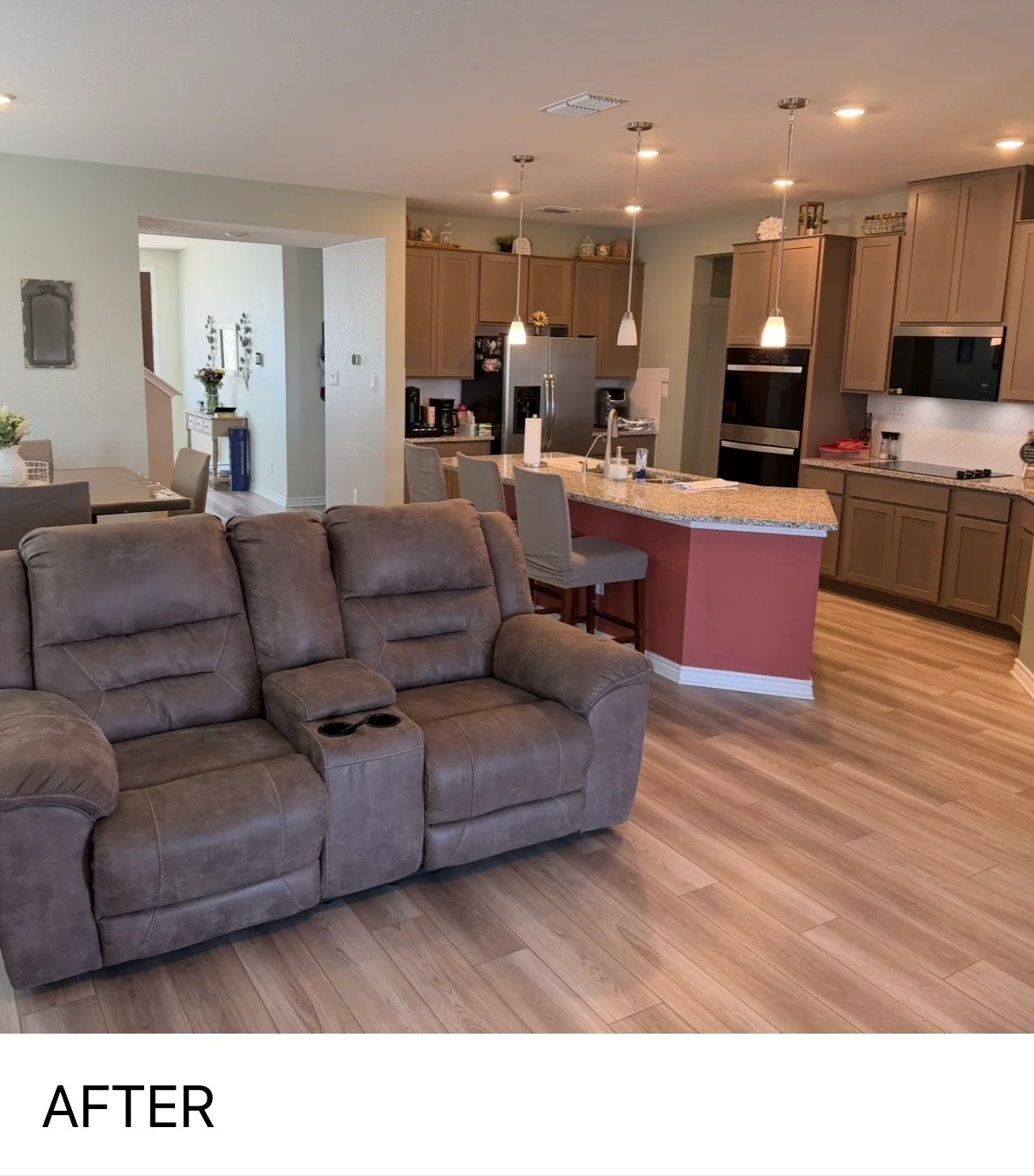 Open concept kitchen and living area freshly painted by City on a Hill Painting in Boerne, TX