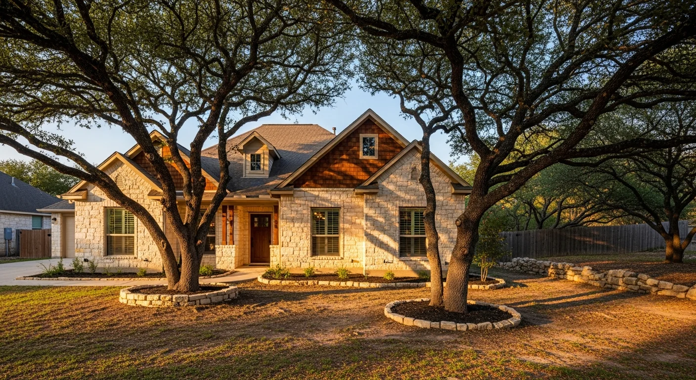 Scenic Boerne home nestled in the Texas Hill Country with mature oak trees and a well-maintained front yard.