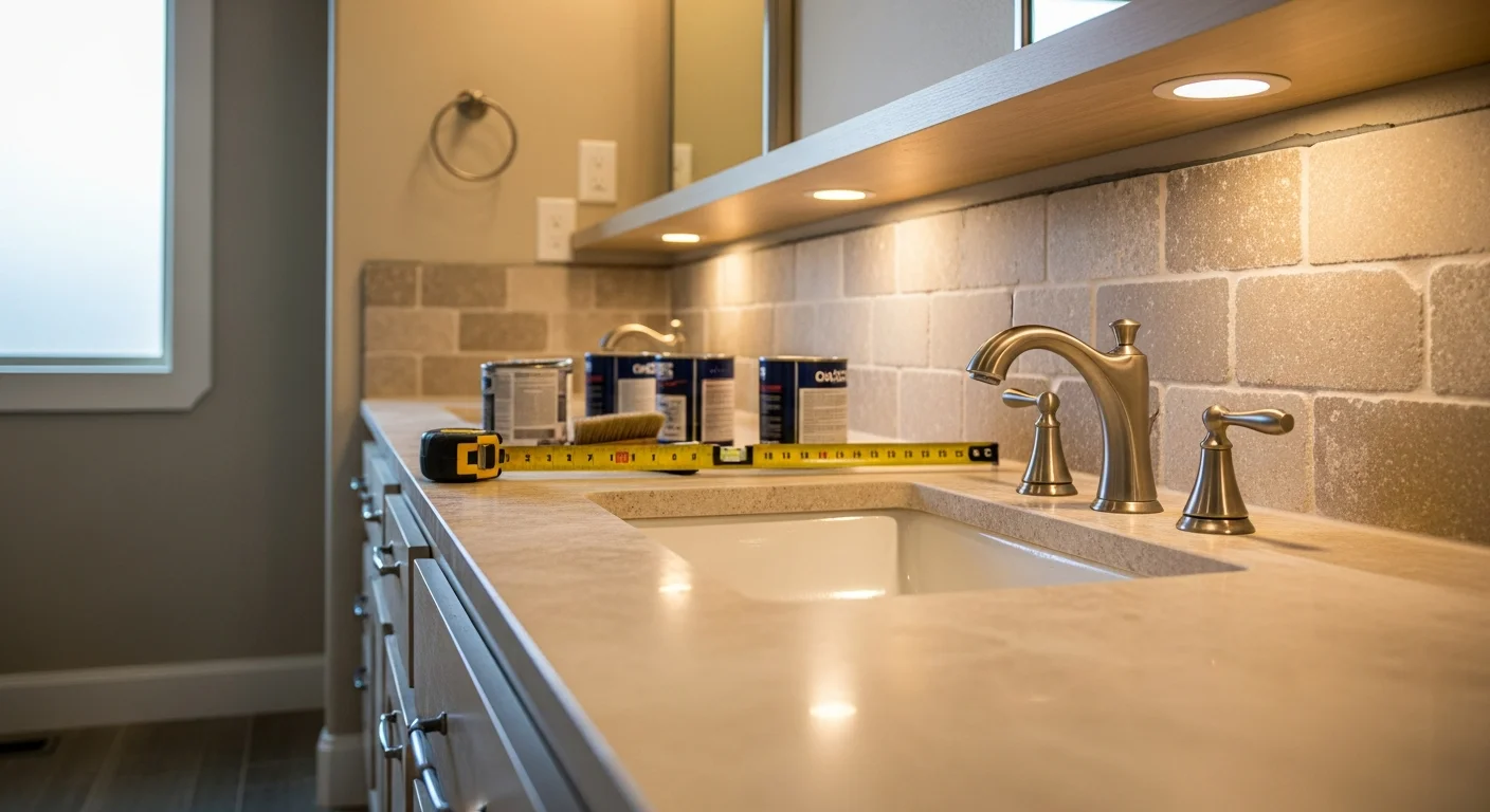 A remodeled bathroom in a Boerne, Texas home featuring updated tile work, a new vanity, and freshly painted walls. The space reflects a clean, Hill Country-influenced interior with neutral tones and modern fixtures.