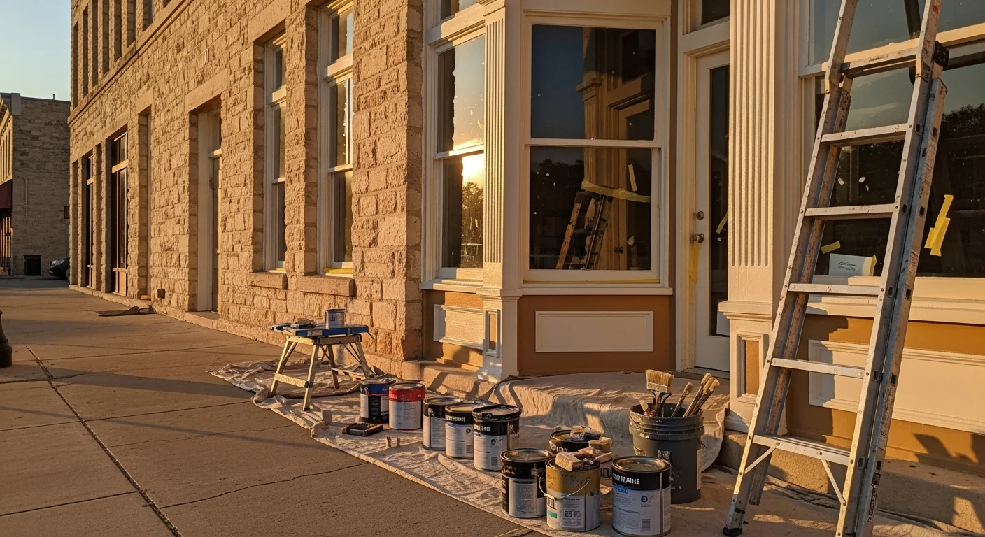 A freshly painted commercial storefront exterior on a Boerne, Texas business street, showing clean trim lines and a uniform finish under bright Hill Country sunlight. The building exterior displays a sharp, professional appearance consistent with the downtown Boerne commercial corridor.