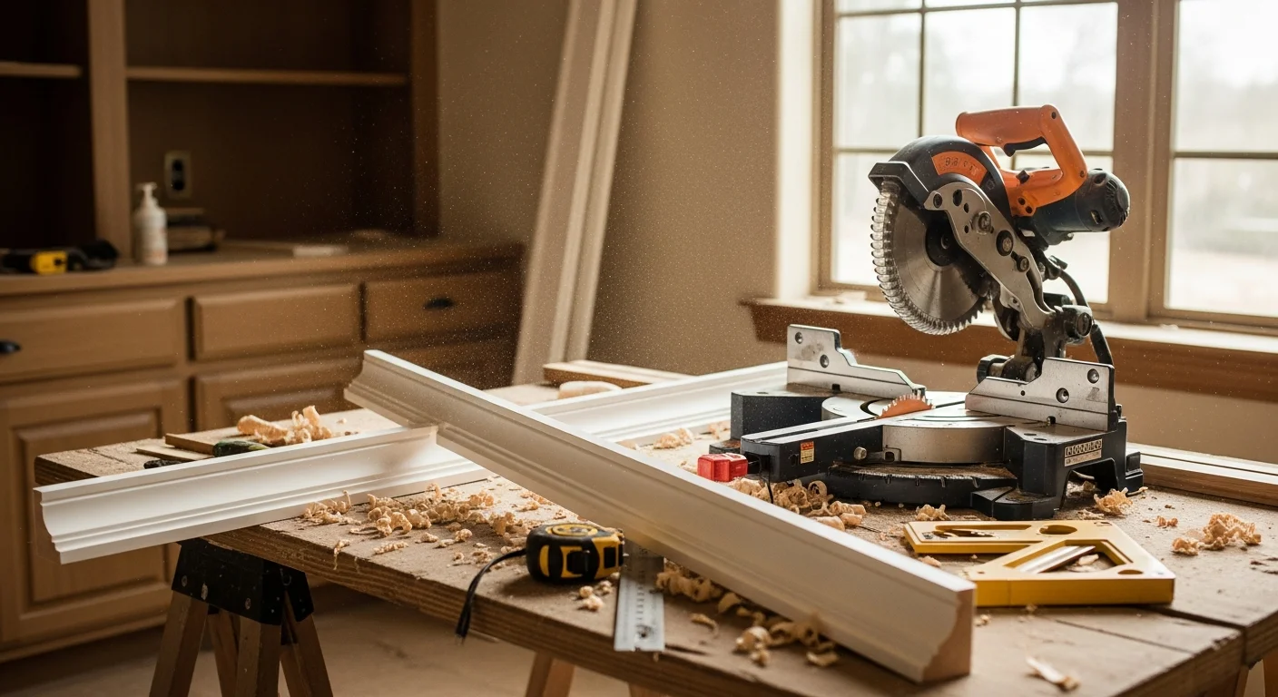 Custom built-in shelving and trim carpentry installed in a Boerne, Texas home interior, showing tight corner joints and painted wood surfaces consistent with a Hill Country ranch-style floor plan.