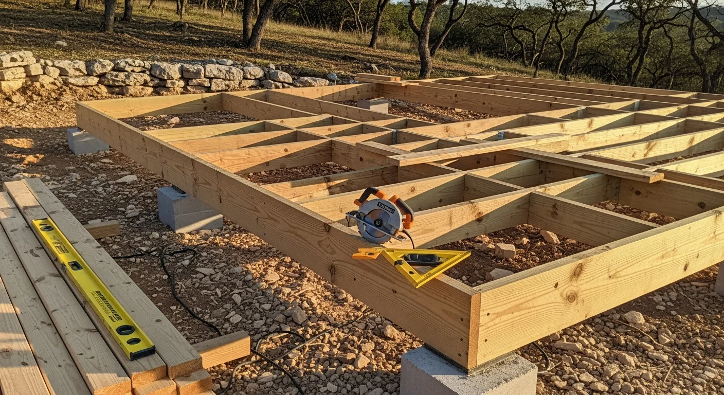 A newly built wood deck attached to a single-story home in Boerne, Texas, with clean railing lines and a sloped Hill Country backyard visible beyond the structure. The deck surface shows fresh sealed boards and a set of stairs leading down to the yard.