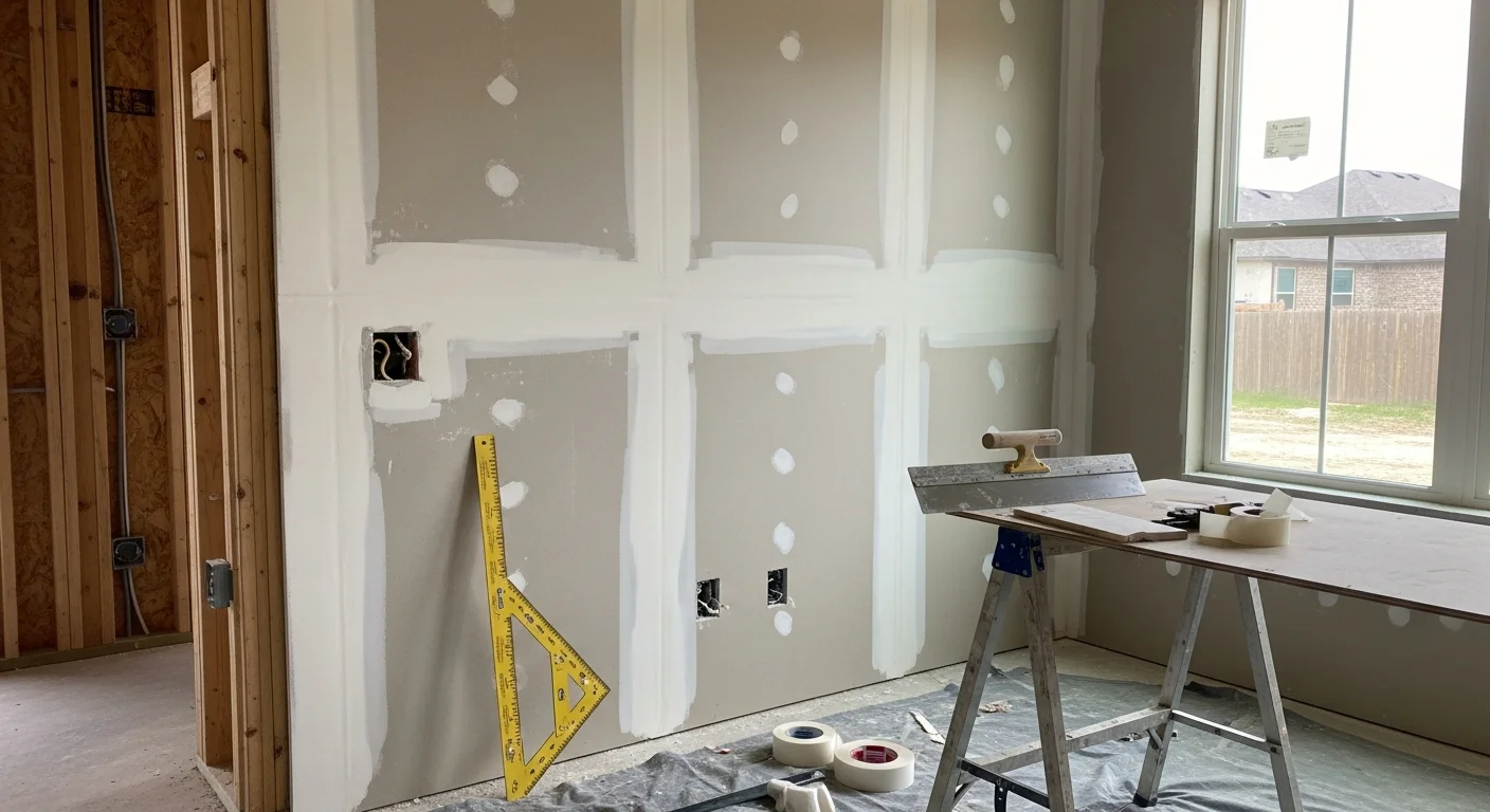 A freshly installed and finished drywall wall inside a Boerne, TX home addition, showing smooth taped seams ready for primer and paint. The room has standard framing with clean cutouts for electrical boxes along the interior wall.