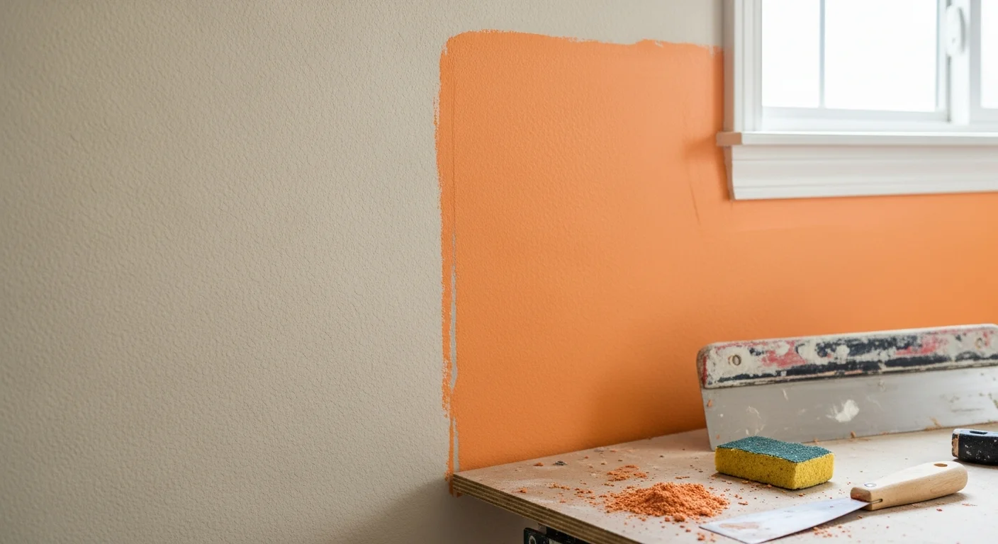 A freshly repaired and texture-matched interior wall in a Boerne, Texas home, showing a seamless patch with no visible seam lines. The finished surface is primed and ready for paint in a Hill Country-style residence.