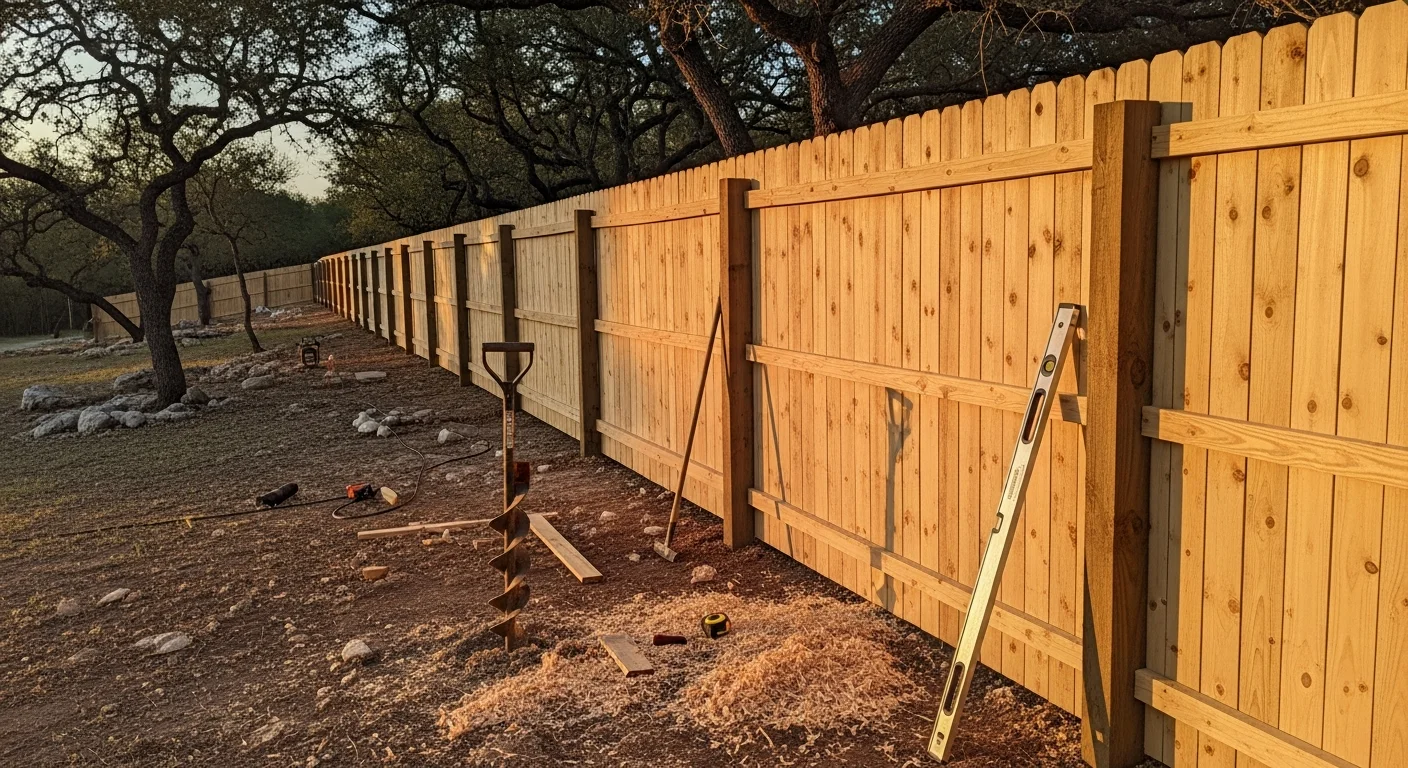 Newly installed wood privacy fence along the backyard boundary of a residential home in Boerne, Texas. Fence posts are set in the ground with uniform panel spacing against a clear Hill Country sky.