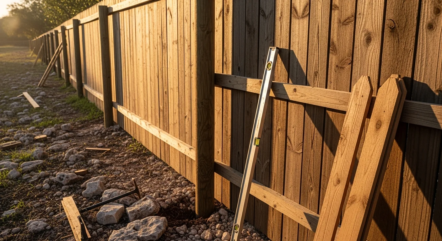 A repaired wood privacy fence in a Boerne, TX backyard with replaced pickets and a re-hung gate that sits level and closes flush. The repaired section matches the stain and height of the surrounding fence panels.