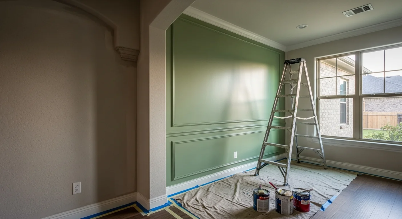Freshly painted interior living room in a Boerne, Texas home, showing smooth walls with a clean satin finish and neatly painted trim. The room reflects the Hill Country-influenced architecture common in Boerne neighborhoods.