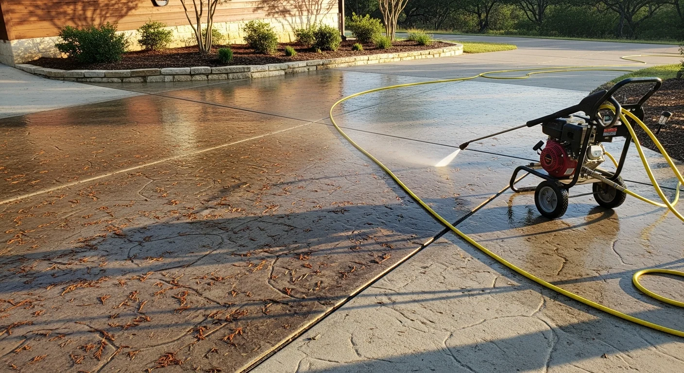 A clean concrete driveway and stone exterior wall at a Boerne, TX home after professional pressure washing, with no visible algae staining or dirt buildup. The Hill Country-style property shows restored surface color on both the driveway and home siding.