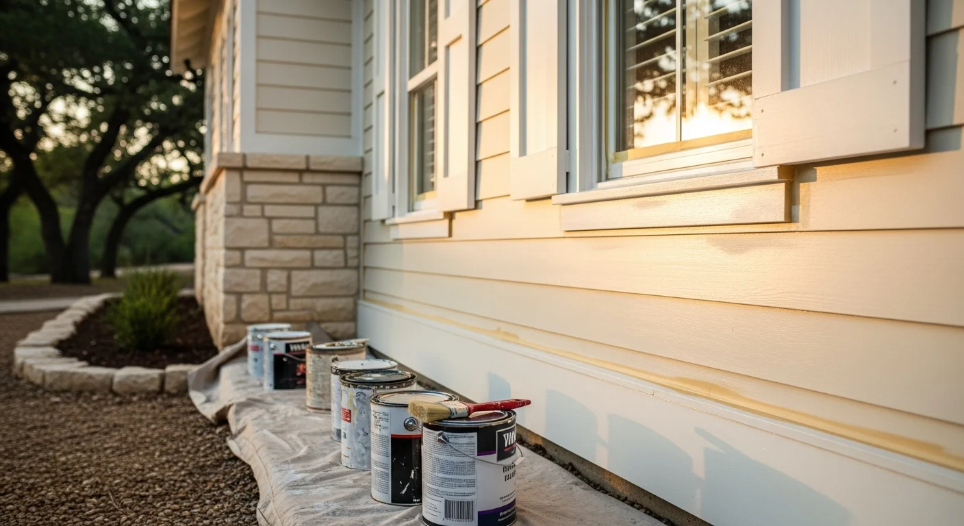 A freshly painted single-family home exterior in Boerne, Texas, with clean trim lines and updated siding color against a Texas Hill Country backdrop. Interior view showing smooth, evenly painted walls in a Boerne home living room with natural light highlighting the finished surface.