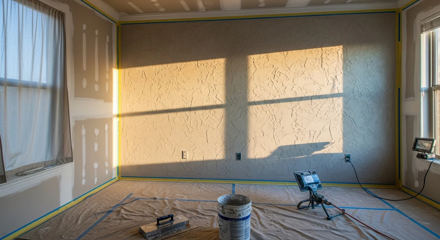 A freshly textured interior wall in a Boerne, Texas home showing a hand-applied skip trowel finish with even coverage across a large living room surface. The wall is primed and ready for topcoat paint, with clean edges at the ceiling line and baseboards.