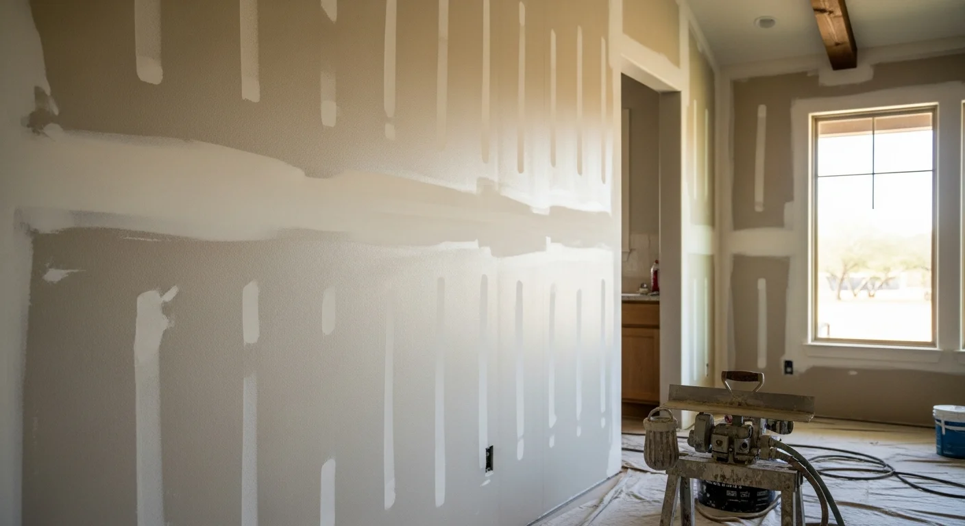 A freshly textured interior wall in a Boerne, Texas home showing a hand-applied knockdown finish with warm neutral paint over a living room accent wall. The texture adds visible depth and dimension next to exposed wood beam ceiling details common in Texas Hill Country homes.