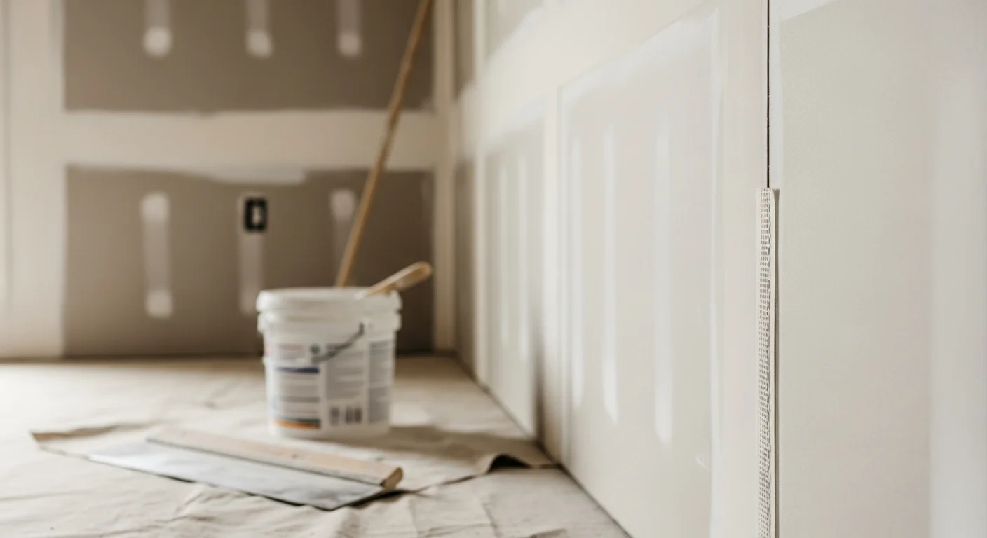 A Boerne home interior showing freshly taped and mudded drywall walls with smooth, seam-free surfaces ready for paint. Close view of a finished wall corner with clean joint compound work in a new construction room.